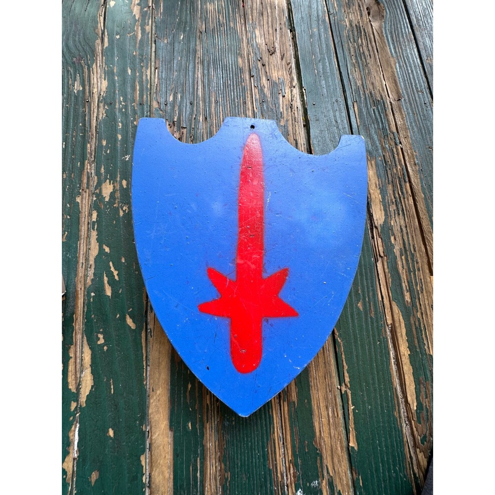 Handmade Wooden Toy Shield Blue with Red Sword Emblem Medieval Costume Prop 14in